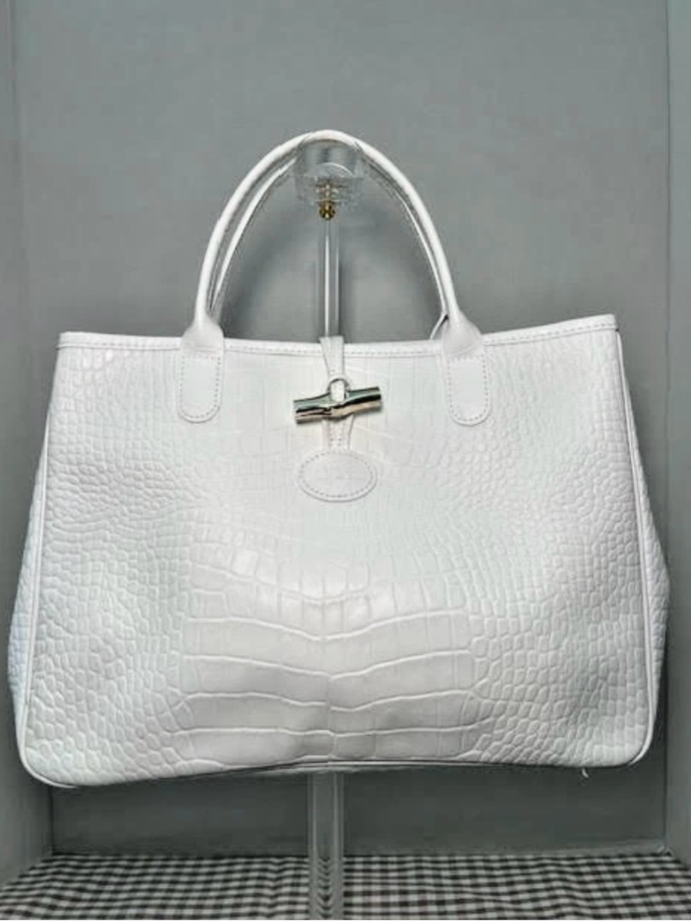 Longchamp White Croc Embossed Roseau Tote with silver bamboo clasp